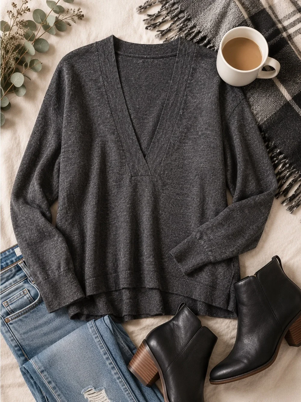 Madewell Slate Charcoal Gray Knit Popover Deep Plunging V-Neck Sweater Size M